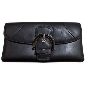 Coach Black Leather Wallet Trifold Horseshoe Logo Buckle Bill Fold Change Pouch